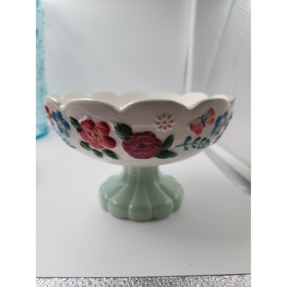 Pioneer Woman Painted Meadows 6.4 inch Stoneware Green Footed Candy Dish
